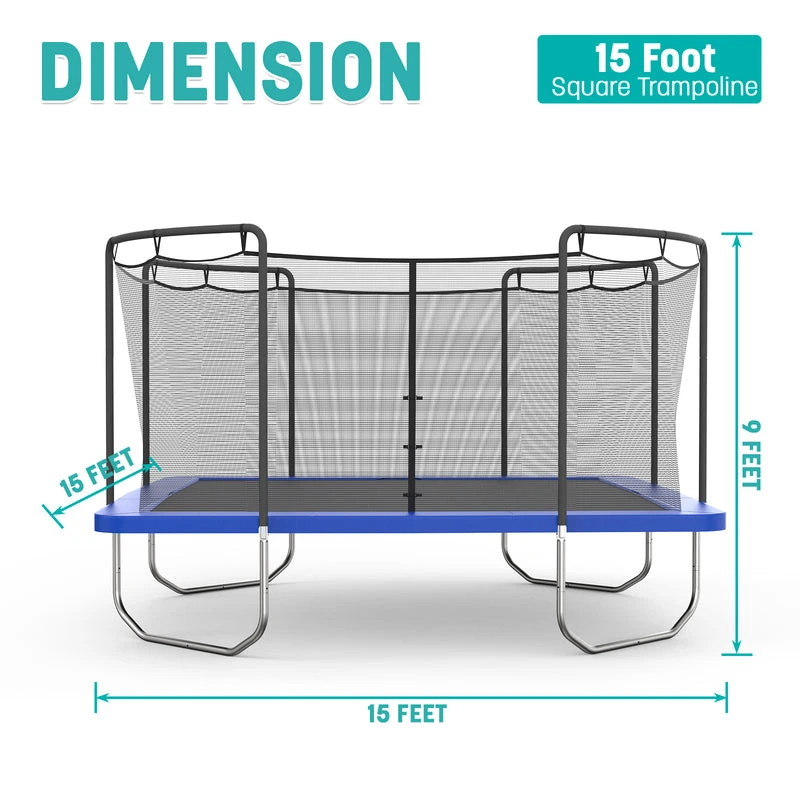 Skywalker Trampolines 15' x 15' Square Trampoline with Safety Enclosure Net - Blue Heavy-Duty Outdoor Trampoline for Kids & Adults, Rust-Resistant Steel Frame - Image 3