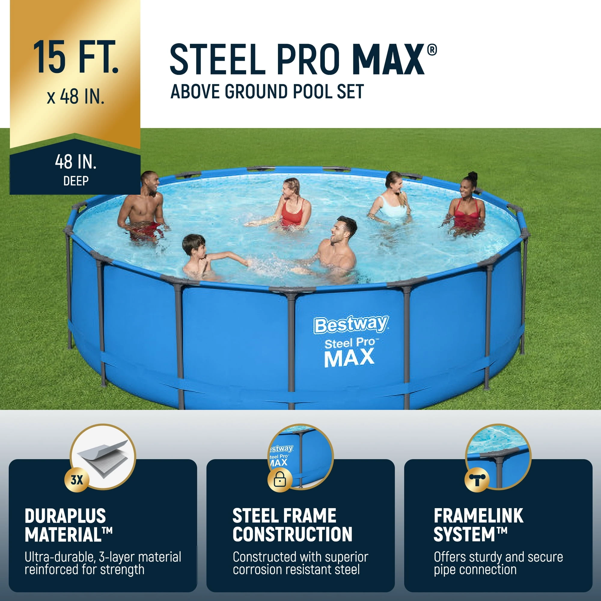 Bestway Steel Pro MAX 15' x 48" Round Above Ground Swimming Pool & Pool Ladder - Image 2