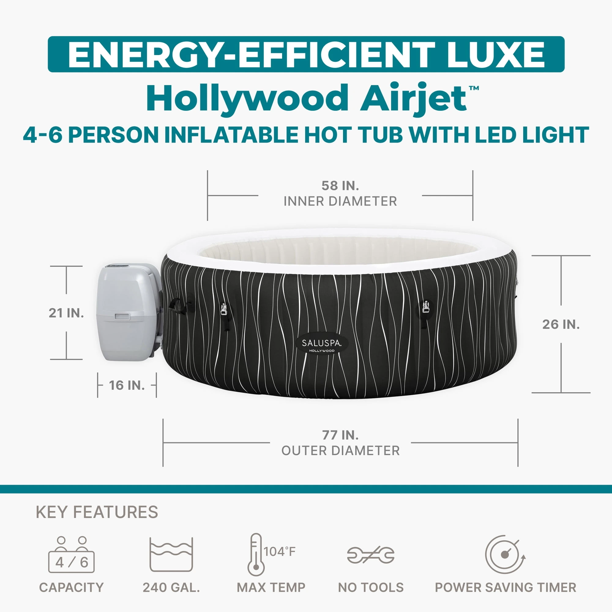 Bestway SaluSpa Hollywood Luxe 4-6 Person Inflatable Hot Tub, Round Energy-Efficient Spa, 77" x 26" - Image 3