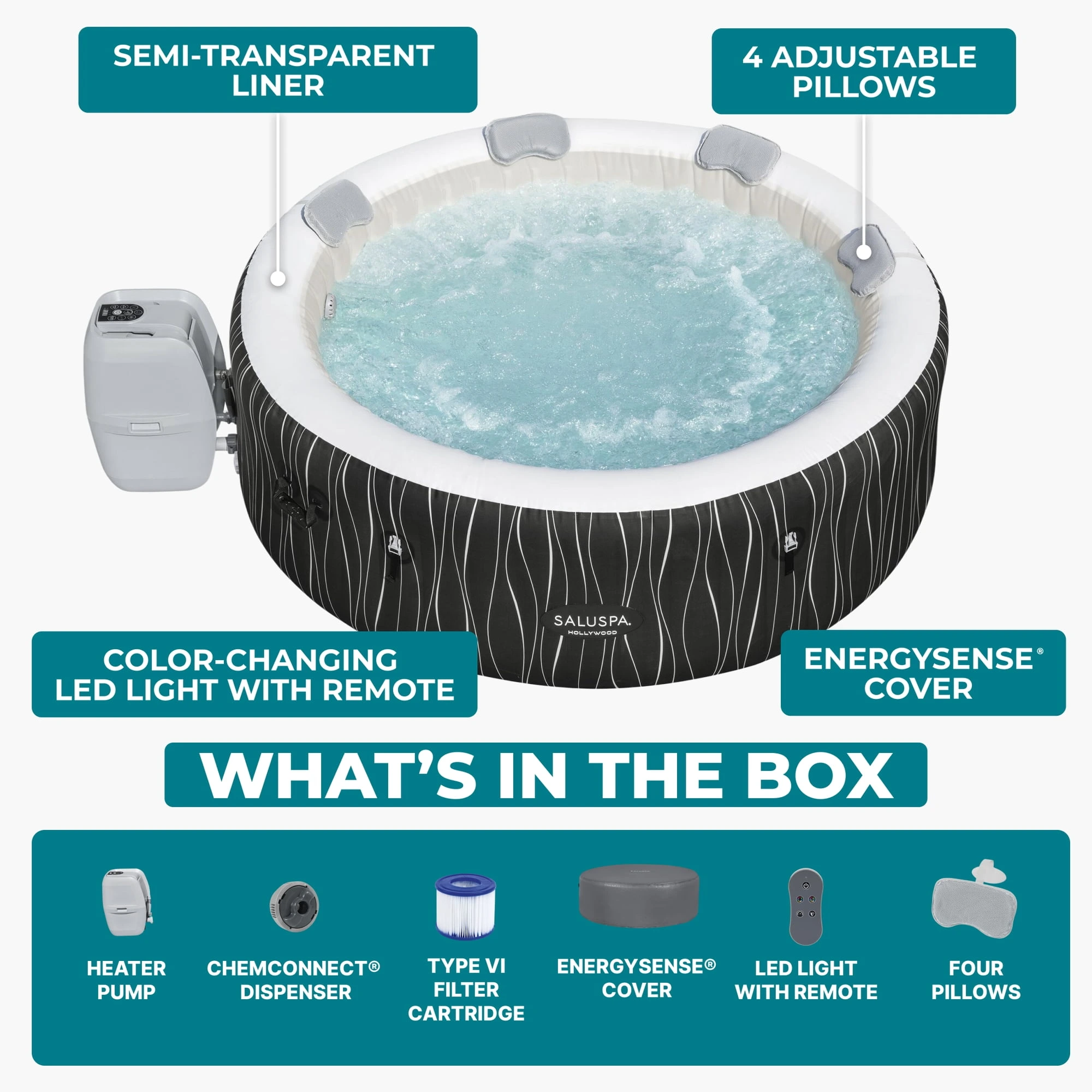 Bestway SaluSpa Hollywood Luxe 4-6 Person Inflatable Hot Tub, Round Energy-Efficient Spa, 77" x 26" - Image 4