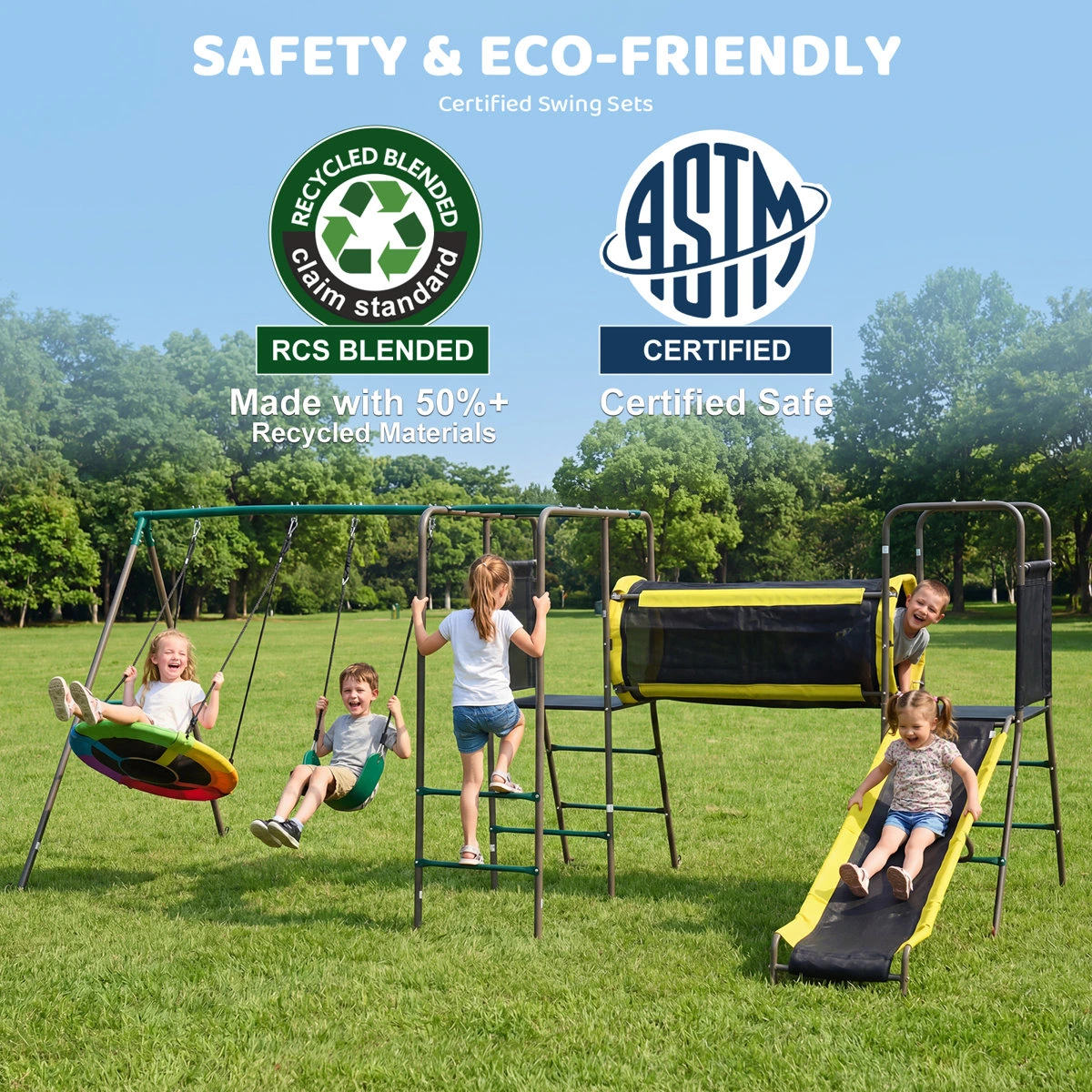 Klo Kick 6-in-1 Swing Set with Slide,Crawl Tunnel and Monkey Bars for Backyard, Playground for Kids Aged 3-12 - Image 8
