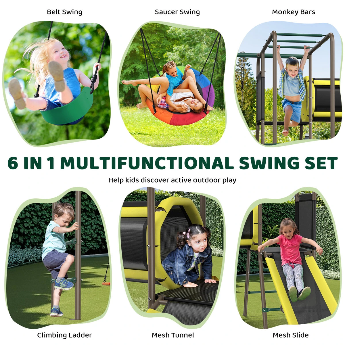 Klo Kick 6-in-1 Swing Set with Slide,Crawl Tunnel and Monkey Bars for Backyard, Playground for Kids Aged 3-12 - Image 11