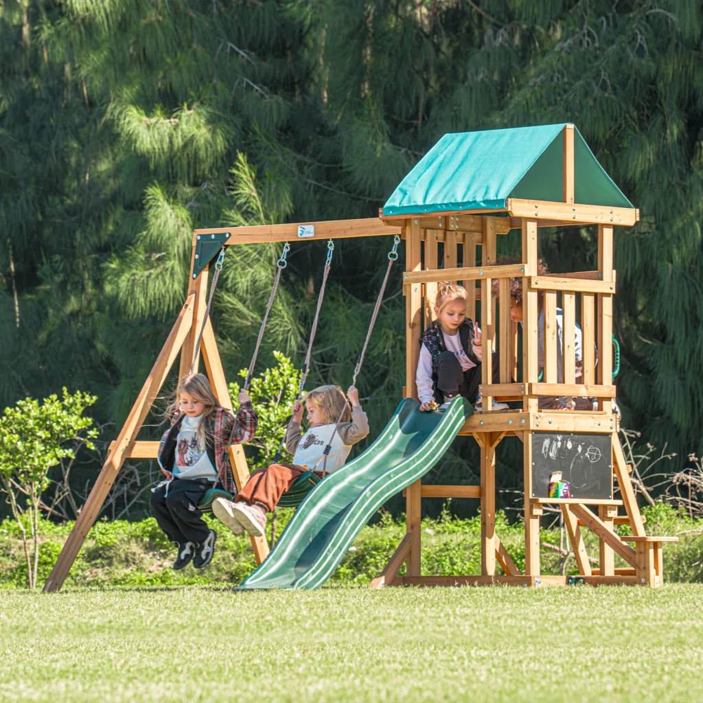 DOLPHIN PLAYGROUND Wooden Outdoor Playset with Dual Swings, Slide, and Playhouse - Rounded Edges