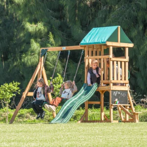 DOLPHIN PLAYGROUND Wooden Outdoor Playset with Dual Swings, Slide, and Playhouse - Rounded Edges