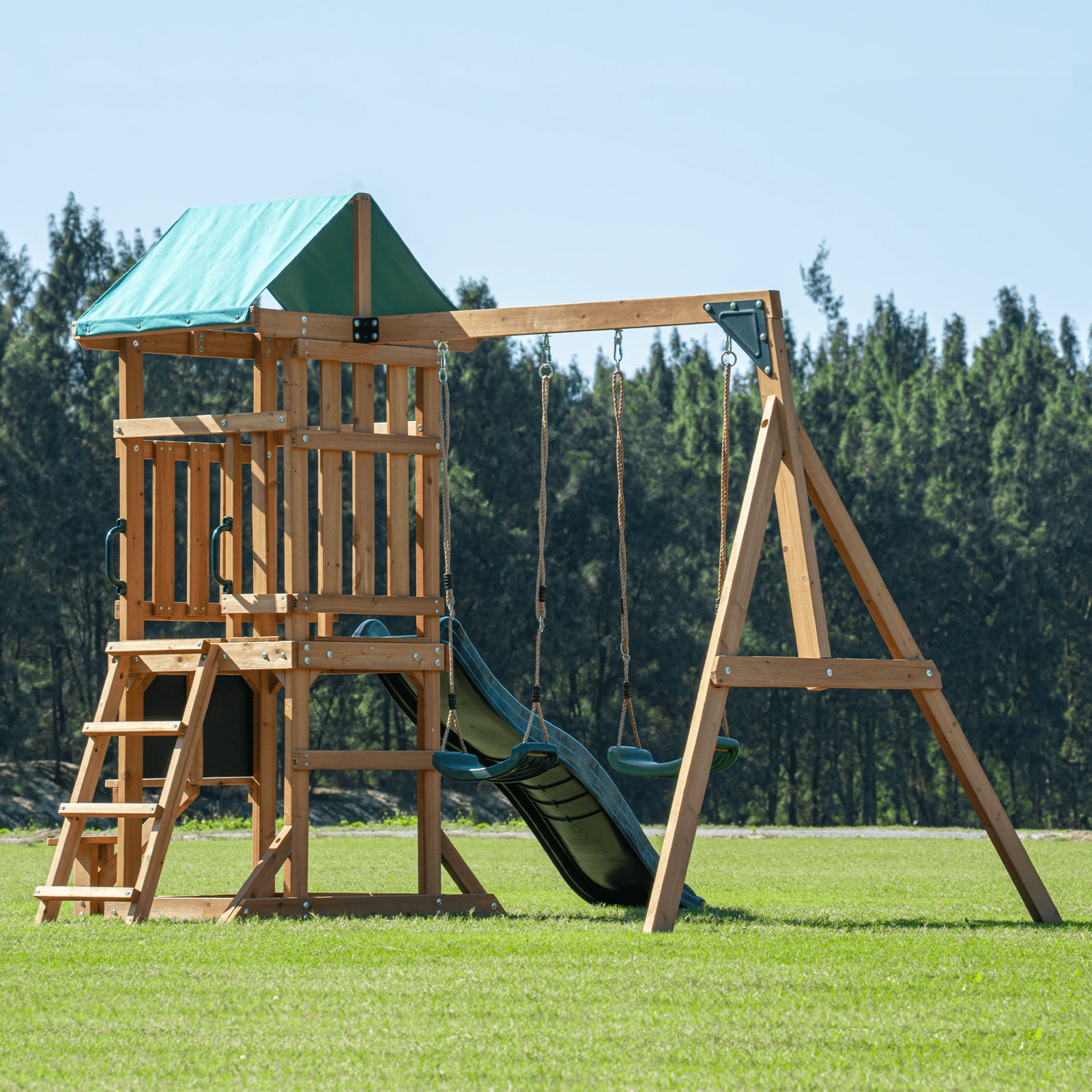 DOLPHIN PLAYGROUND Wooden Outdoor Playset with Dual Swings, Slide, and Playhouse - Rounded Edges - Image 2