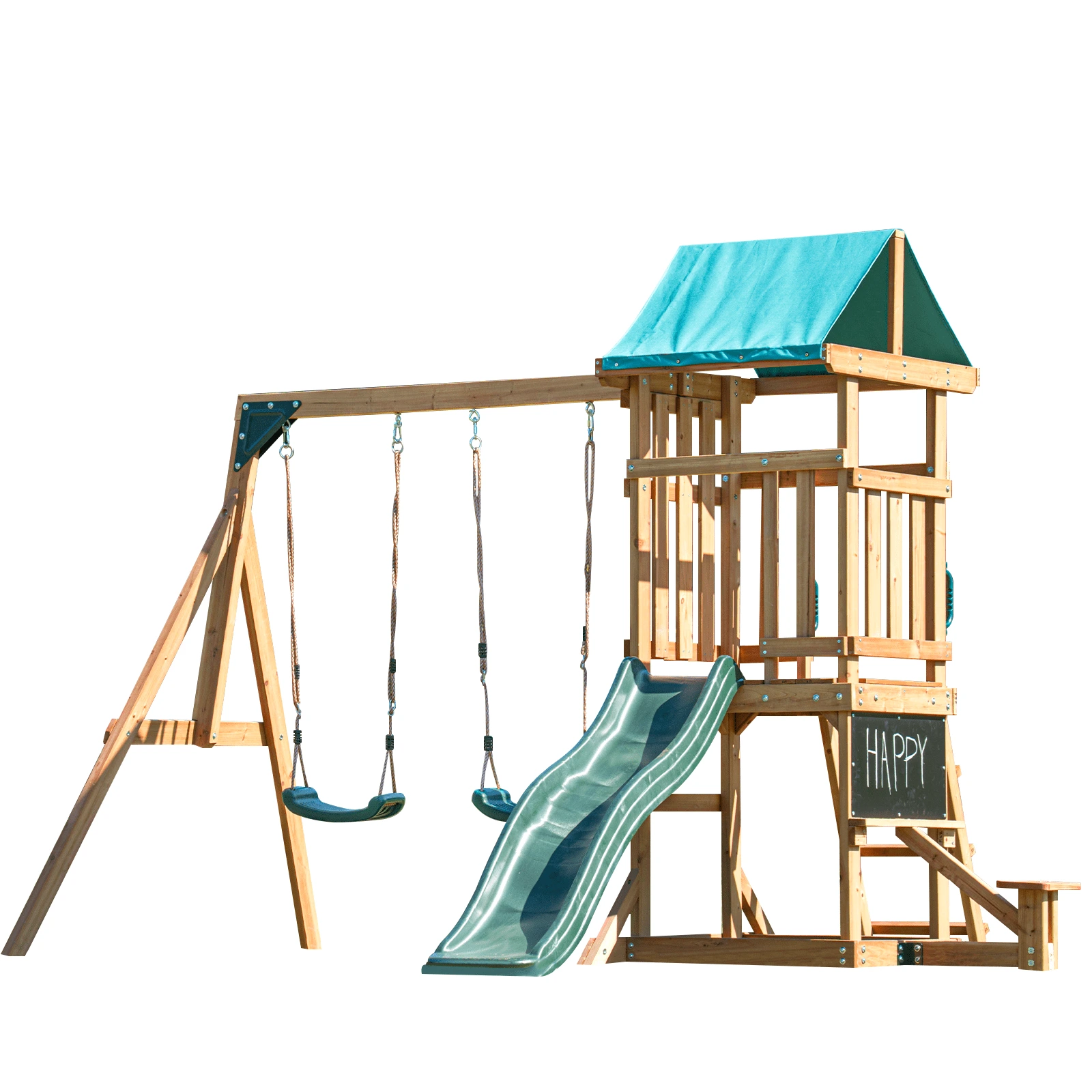 DOLPHIN PLAYGROUND Wooden Outdoor Playset with Dual Swings, Slide, and Playhouse - Rounded Edges - Image 3