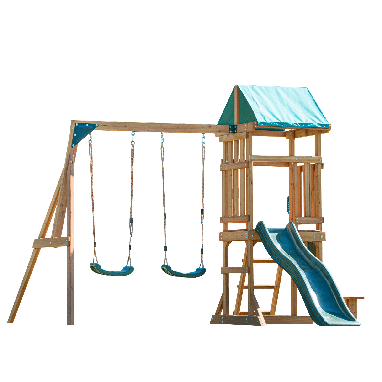 DOLPHIN PLAYGROUND Wooden Outdoor Playset with Dual Swings, Slide, and Playhouse - Rounded Edges - Image 6