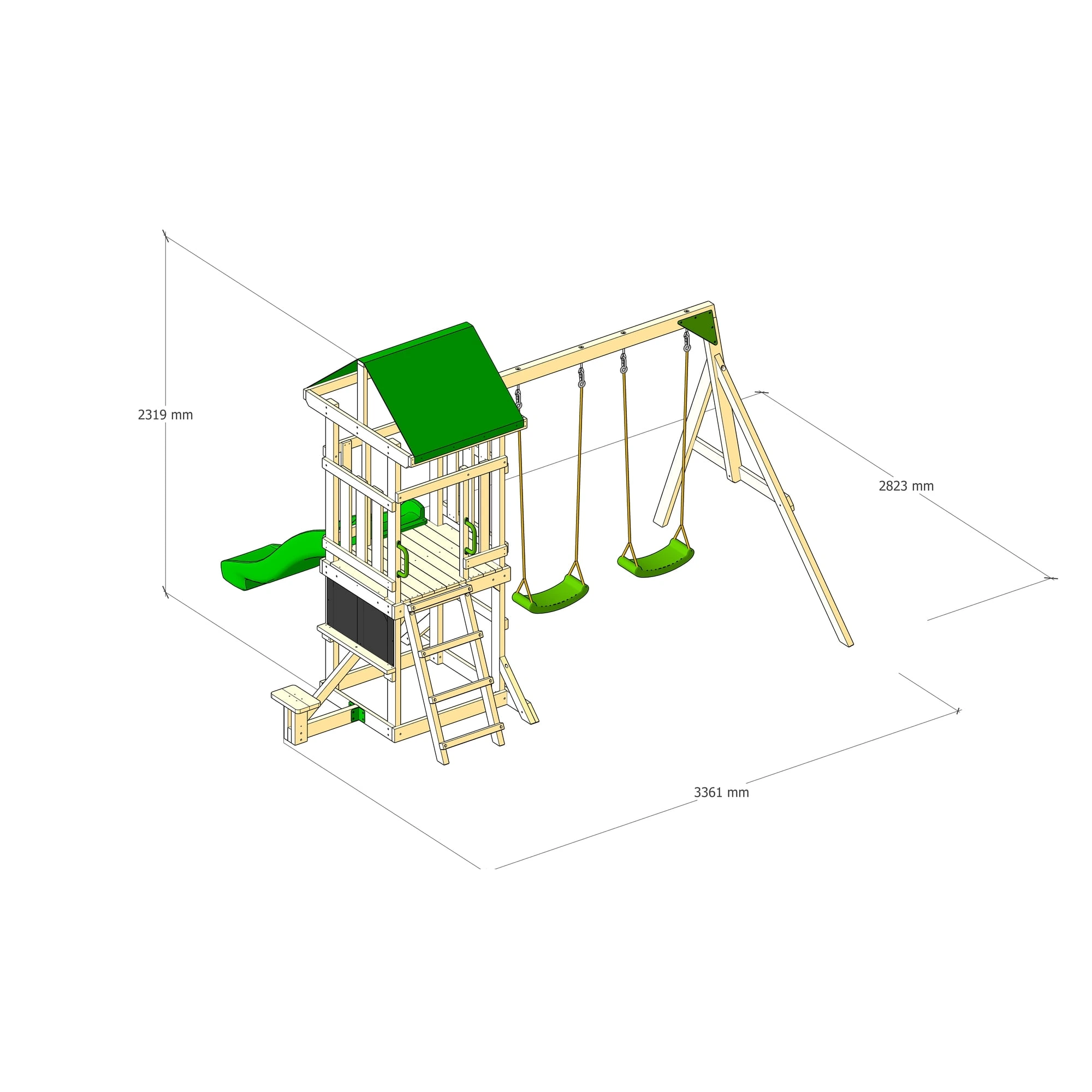DOLPHIN PLAYGROUND Wooden Outdoor Playset with Dual Swings, Slide, and Playhouse - Rounded Edges - Image 7