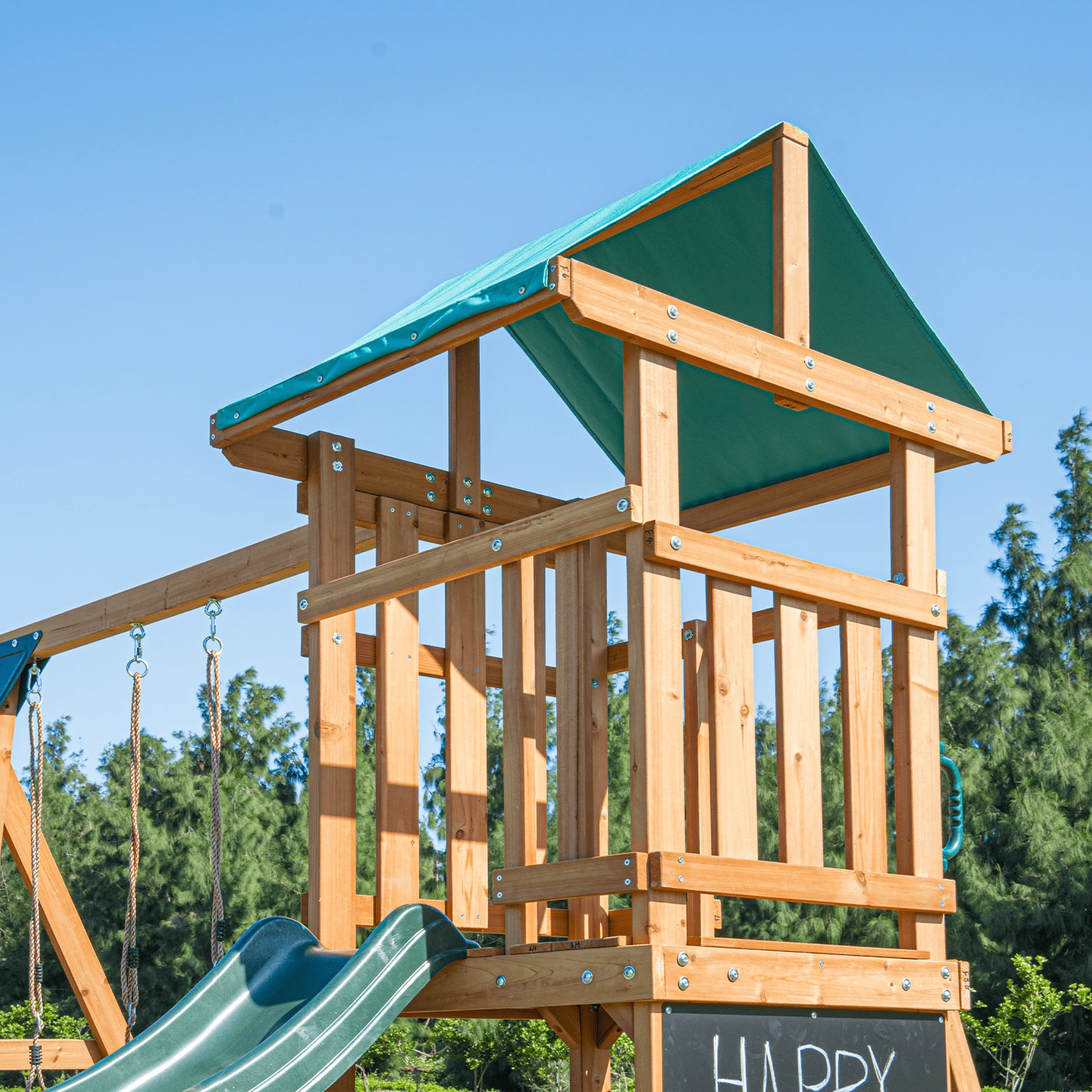 DOLPHIN PLAYGROUND Wooden Outdoor Playset with Dual Swings, Slide, and Playhouse - Rounded Edges - Image 8