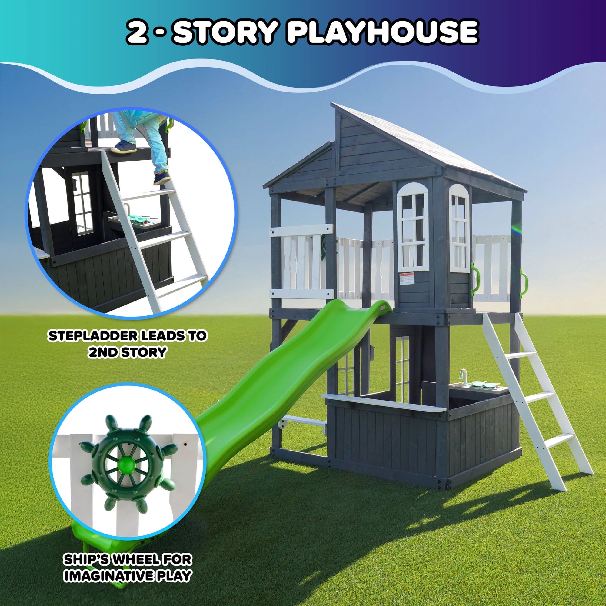 Sportspower Blakely 2-Story Playhouse with 8FT Slide, Working Door, Benches for Rest & Pretend Play Features, for Kids Ages 3-10, Wooden Elevated Playhouse - Image 3