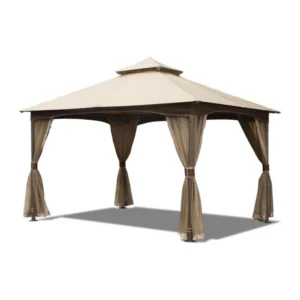 10'X13' Patio Gazebo - Metal, Net, Waterproof, Stable, Khaki With Net Metal Frame, Double Roof, Resistance, Waterproof Canopy