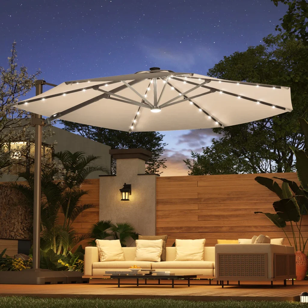 Latitude Run® 11' Patio Cantilever Umbrella with Wind-Vent, 240g Solution-Dyed Fabric, Solar LED Lights and Weighted Base Included
